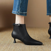 Womens Stylish Leather Pointed-Toe High-Heel Ankle Boots With Buckle Strap And Side Zipper