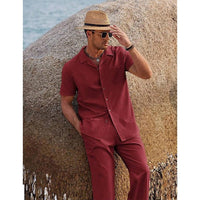 American-style Vintage Short-sleeve Shirt And Casual Trousers Two-piece Set