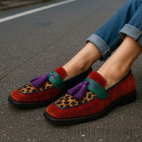 Women's Retro Square Head Tassel Leopard Print Color Matching Low Heel Shoes