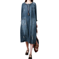 Loose-fitting Mid-length Round-neck Vintage Denim Dress