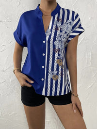 Double Contrast Color Floral Button Cardigan Short Sleeve Shirt