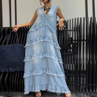 Solid-color V-neck Fashionable Raw-edge Patchwork Denim Dress