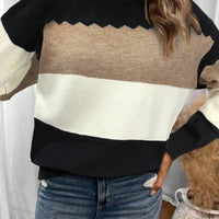Women's Pullover Round Neck Long Sleeves Color Matching Sweater