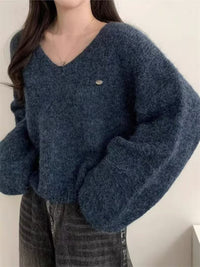 Loose V-neck Fluffy Versatile Casual Minimalist Knit Top