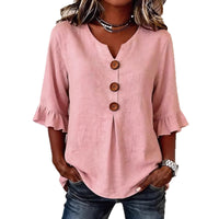 Women's V-neck Cotton-linen Button-up Top