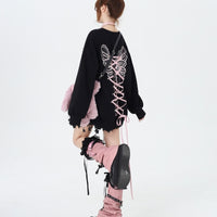 Sweet Cool Bow Bandage Heavy Industry Round Neck Loose Sweatshirt Autumn