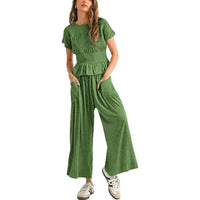 European And American Womens Fashion Elastic-waist Pleated High-waist Wide-leg Pants