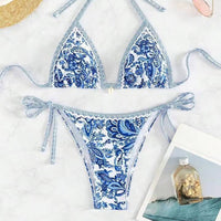 Blue And White Porcelain Printed Exercise Bikini Open Back Swimsuit Suit