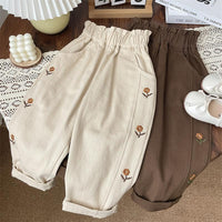 Children's Flower Embroidery Flower Bud Back Garden Western Style High Waist Pants