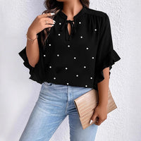 Plus Size Neckline Tie Ruffle Sleeve Faux Pearl Button Shirt