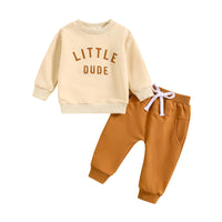 Children's Round Neck Letter Print Top Solid Color Trousers Two-piece Set