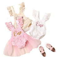 Baby's Flying Sleeve Lace Mesh Print Onesie