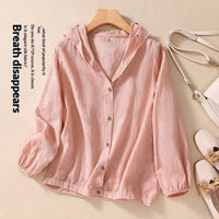 Cotton-Linen Plus-Size Loose-Fit Shirt Hooded Cardigan Long-Sleeve Top For Women