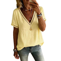 Women's Casual Patchwork Hollow-Out Lace V-Neck Short-Sleeve Top