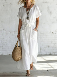 Short-sleeve V-neck Casual Cotton-linen Dress With A Belt