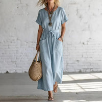 Short-sleeve V-neck Casual Cotton-linen Dress With A Belt