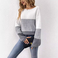 Contrast Gray White Splicing Pullover Sweater Long Sleeve