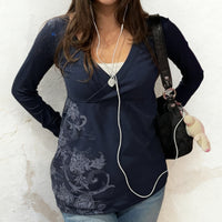 Retro Floral-print Ribbed V-neck Slimming Casual Long-sleeve Top