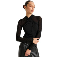 New Round-neck Cross-perspective Mesh Shirred Spliced Top