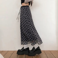 Retro Plaid Chiffon Patchwork Straight Skirt