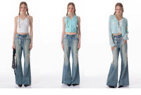 High Waist Bow Patch Wide Leg Straight Jeans