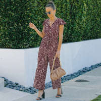 V-neck Floral Chiffon Jumpsuit Wide-leg Pants