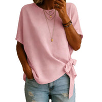 Womens Summer New Solid Color Short-Sleeve Loose T-Shirt With Knotted Hem