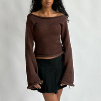 New Solid Color Slim-fit Bell Sleeve T-shirt With Boat Neck