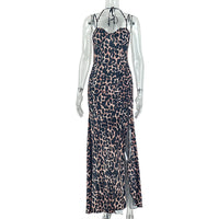 Asymmetrical Split Skirt Bare-back Camisole Leopard-print Dress