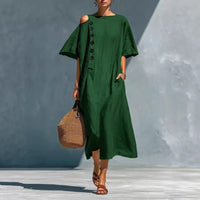 Solid-color Linen Crew-neck Short-sleeve Casual Dress For Women