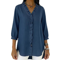 Women's Fashionable Casual Faux Denim V-Neck Shirt