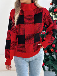 Casual Color Block Plaid Lantern Sleeve High Neck Sweater