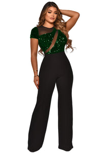 Spliced Gauze Irregular Sequined Short-sleeved Jumpsuit