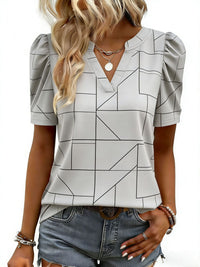 New Printed V-neck Puffed Short-sleeve Casual Fashion Top