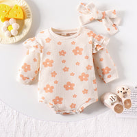 Solid Color Waffle Print Romper With Bow Suit