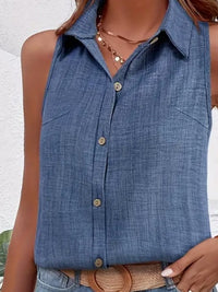 Sleeveless Button Front Blouse, Casual Collar Blouse For Spring & Summer, Women's Clothing