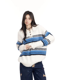 American-style Vintage Stripe Lapel Half Zipper Sweater