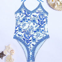 European American Fashion Floral Print Halter Backless Swimsuit