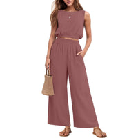 Womens Casual Round-Neck Sleeveless High-Waist Wide-Leg Two-Piece Set With Elastic Hem