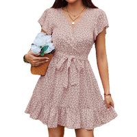French-style High-waisted Floral-print Lace-up V-neck Short-sleeve Dress