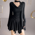 French-style Off-shoulder Pleated Halter-neck Long-sleeve Dress