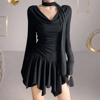 French-style Off-shoulder Pleated Halter-neck Long-sleeve Dress
