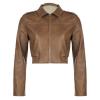 Women's Retro Hong Kong Style Lapel Long-sleeved Leather Jacket