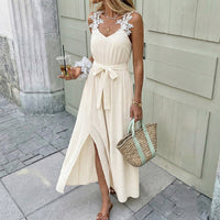 Light Mature Style Slip Dress Solid Color Slit Sleeveless Dress