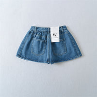 Retro Mid-low Waist Anti-exposure Denim A- Line Bubble Short Skirt