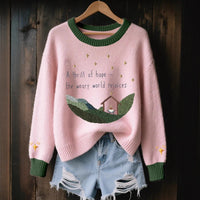 3D Digital-Print Womens Crew-Neck Loose Retro Jacquard Pullover Sweater
