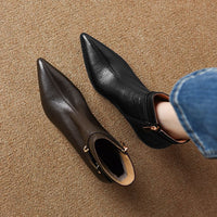 All-leather Fashion Boots Top-layer Sheepskin Stiletto Heel Pointed Toe Side Belt Buckle Chic Retro High Heels