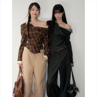 Plaid Off-the-Shoulder Fake Two-Piece Long-Sleeve Shirt For Women