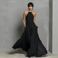 Casual Cotton-Linen Resort Halterneck Pocket Backless Dress