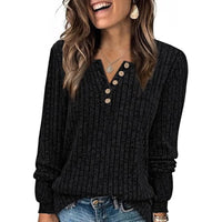 New Women's Round Neck Sunken Stripe Brushed Solid Color Button Stitching Solid Color T-shirt